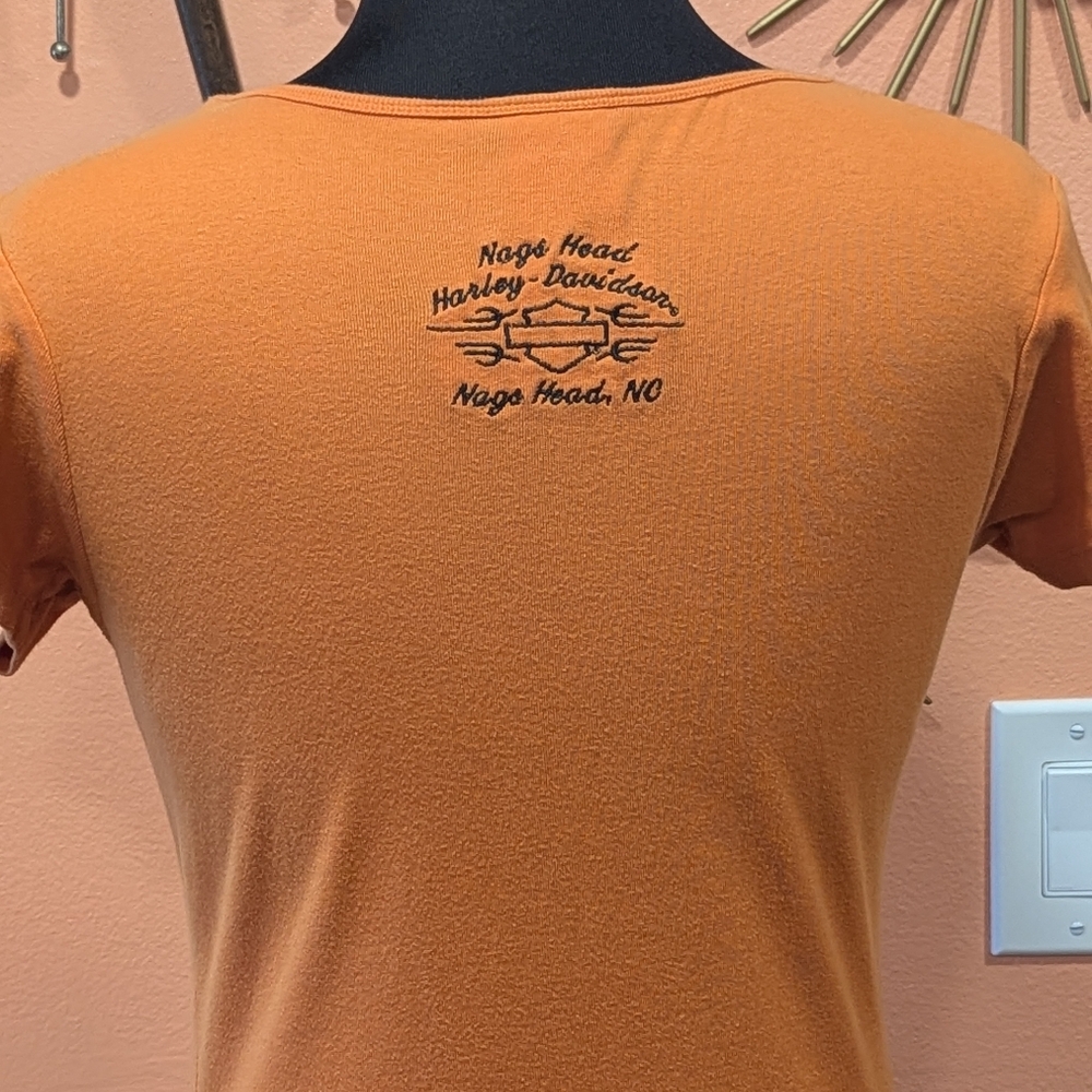 Vintage Y2K Harley-Davidson Women's Orange Top M Distressed Tee Bikercore 2000s - Picture 3 of 16